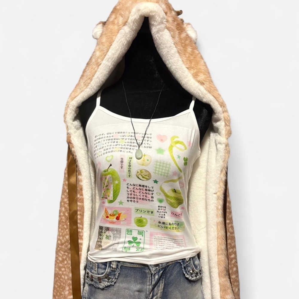 Stylish White and Green Japanese Inspired Graphic Women's Top